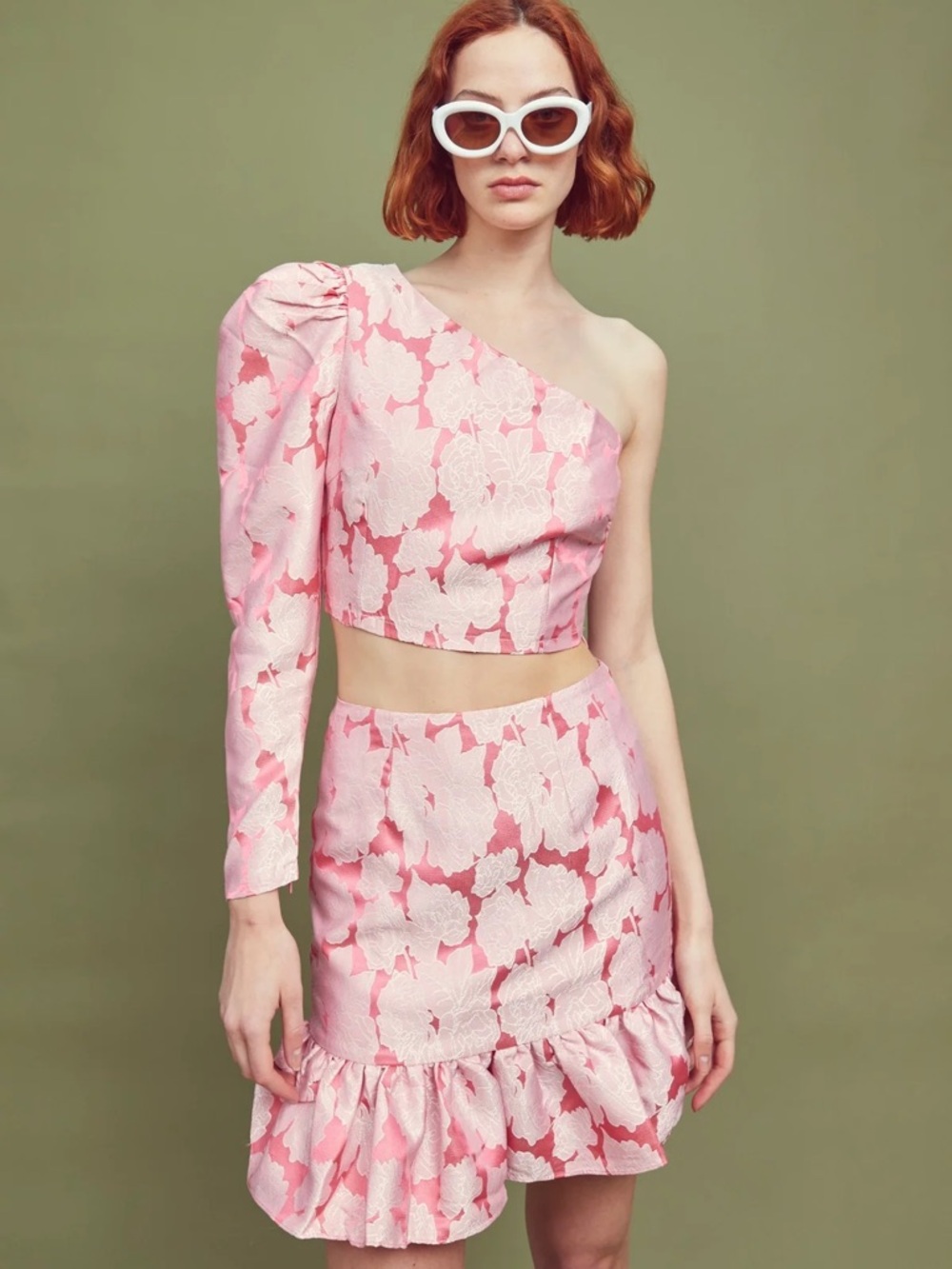 Glamorous Joanna Pink Floral Jacquard One Shoulder Crop Top NWT Size 10